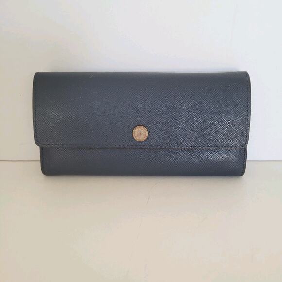 Michael Kors MK Navy Blue Color Block Wallet Clutch Large Logo Saffiano Leather - Picture 1 of 12